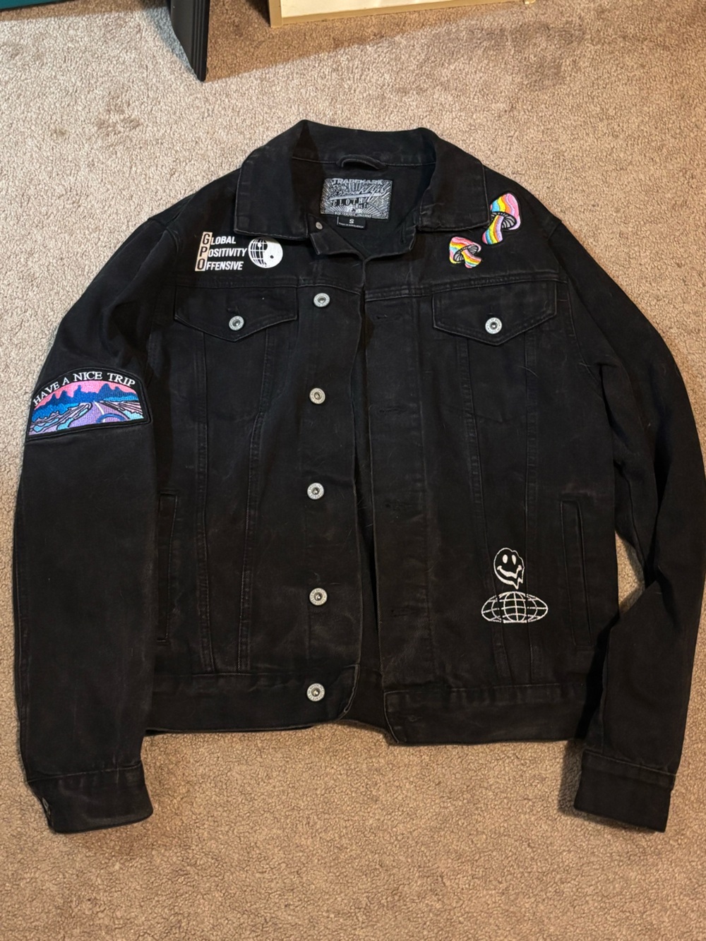 Brooklyn Cloth Black Denim Jacket with Multicolor Patches